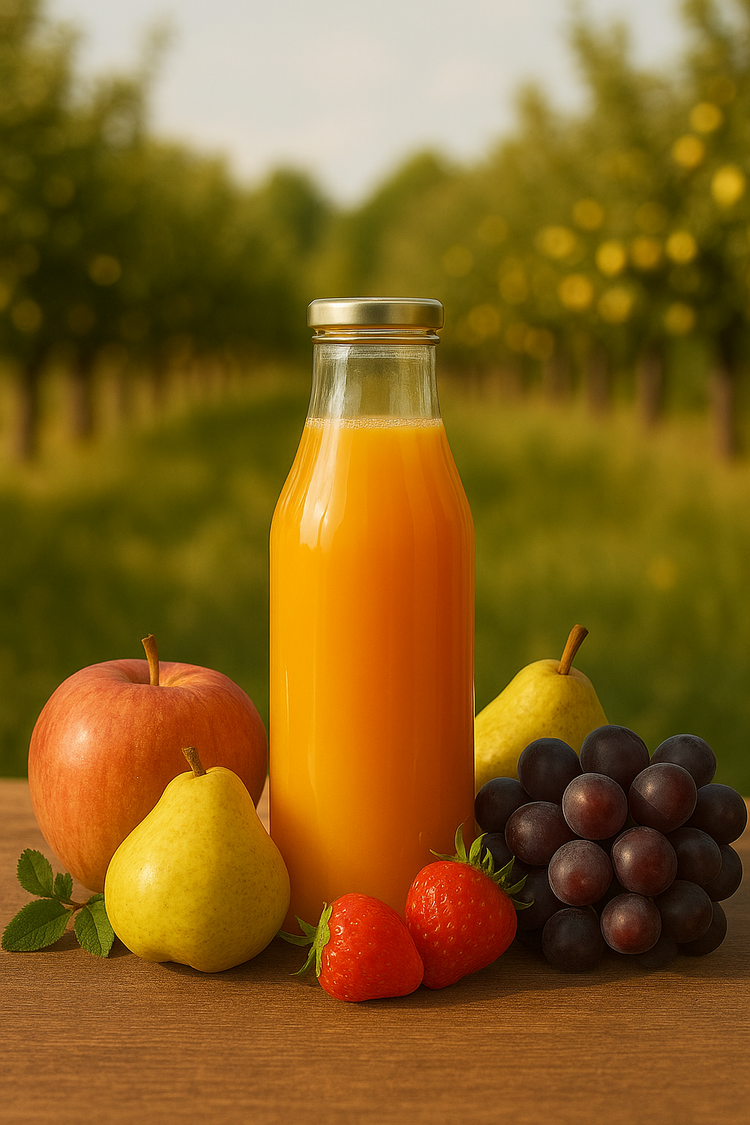 Bottle of orange fruit juice surrounded by apple, pears, strawberries, and grapes on wooden table with orchard background