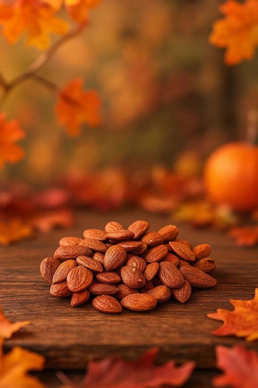 Pile of roasted almonds on wooden surface with autumn leaves and pumpkin background