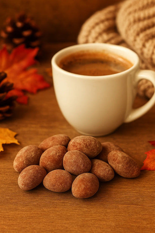 White cup of coffee with chocolate-covered almonds on wooden table with autumn leaves and cozy knitted scarf