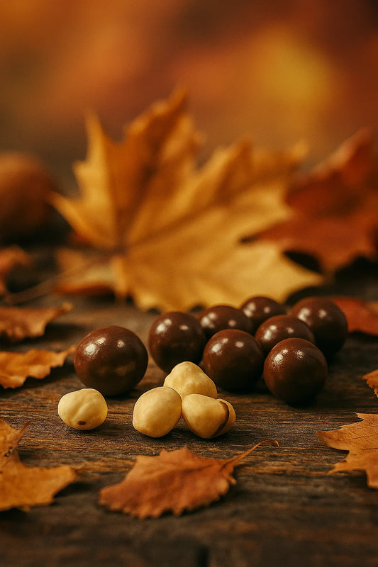 Chocolate covered hazelnuts and raw hazelnuts on wooden surface with autumn leaves